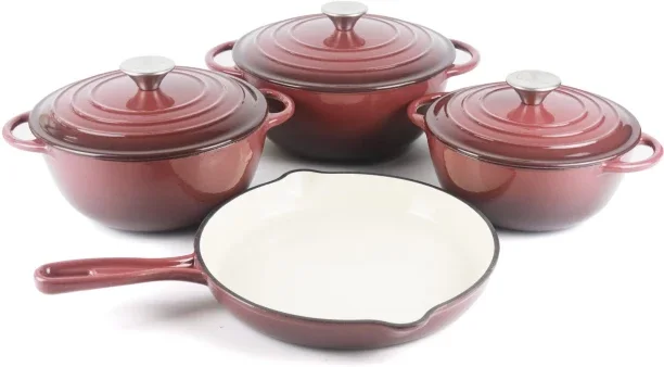La Cocina 7 Piece Vintage Maroon Enamel Non-Stick Coated Cast Iron Cookware Set